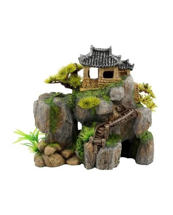 Déco Aquarium Temple Asiatique sur Falaise Résine Aquavie Zen 24,5cm